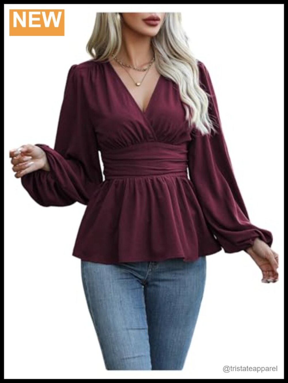 Wrap V Neck Peplum Blouse Ruched Smocked Top Long Sleeve
